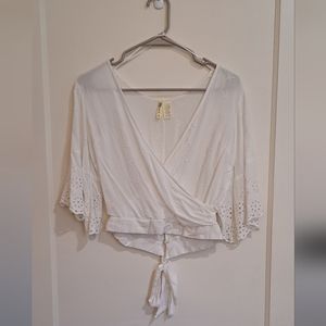 Japna Women’s Wrap Surplice Bell Sleeve Crop Top White Size Medium